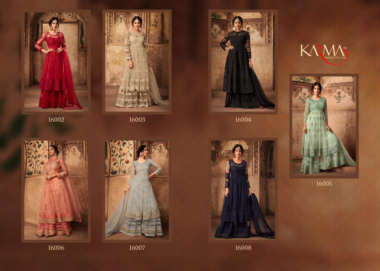 Karma 16000 Series By Karma Trendz 16002 To 16008 Series Designer Sharara Suits Collection Beautiful Stylish Fancy Colorful Party Wear & Occasional Wear Net Embroidered Dresses At Wholesale Price