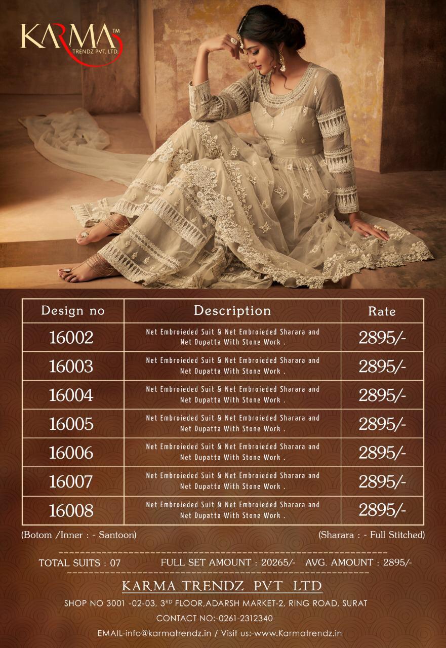 Karma 16000 Series By Karma Trendz 16002 To 16008 Series Designer Sharara Suits Collection Beautiful Stylish Fancy Colorful Party Wear & Occasional Wear Net Embroidered Dresses At Wholesale Price