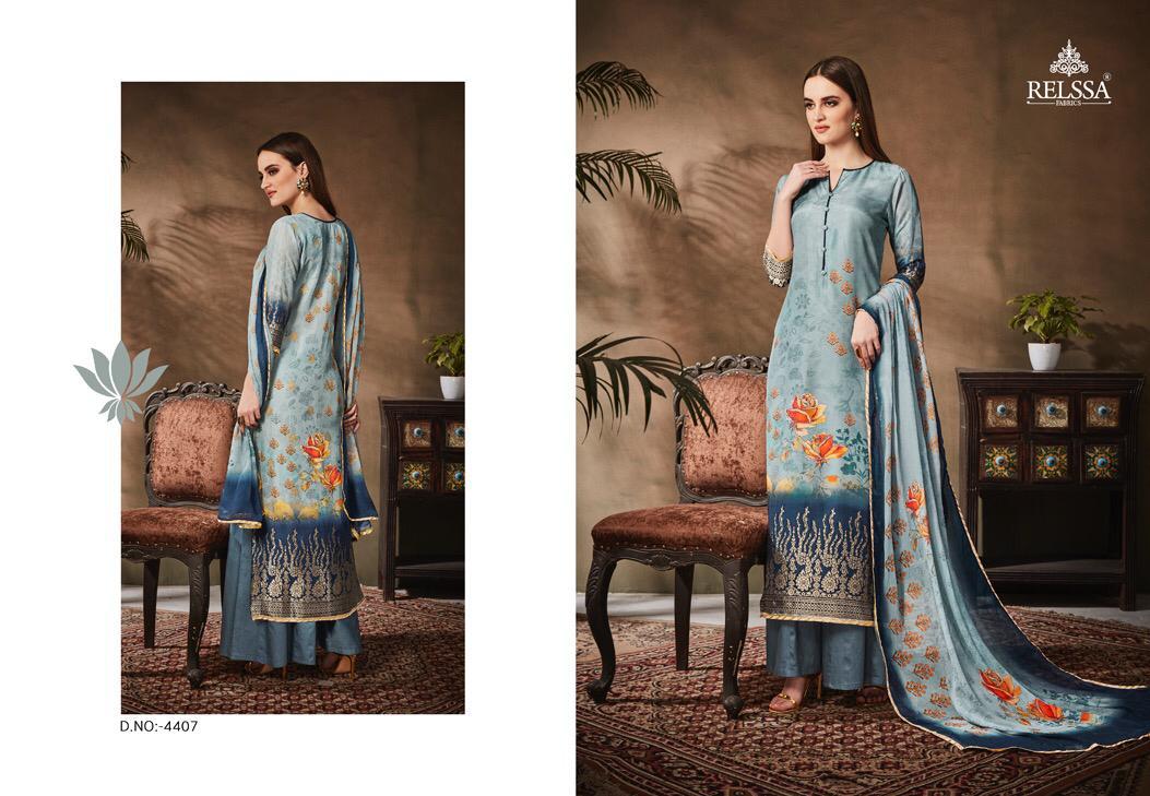 Kavya By Relssa Fabric 4401 To 4408 Series Suits Beautiful Stylish Fancy Colorful Party Wear & Occasional Wear Special Dhola Jacquard Printed Dresses At Wholesale Price