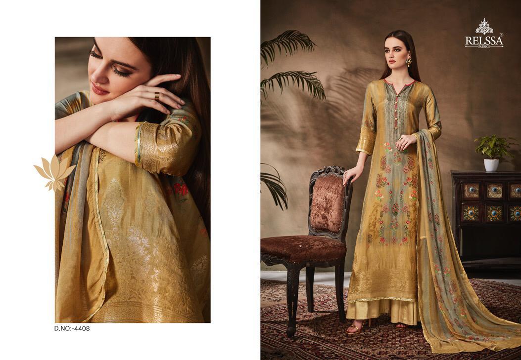 Kavya By Relssa Fabric 4401 To 4408 Series Suits Beautiful Stylish Fancy Colorful Party Wear & Occasional Wear Special Dhola Jacquard Printed Dresses At Wholesale Price