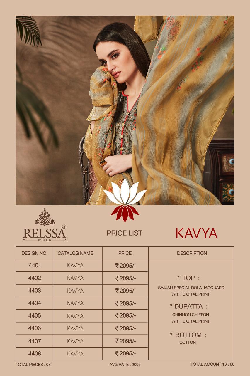 Kavya By Relssa Fabric 4401 To 4408 Series Suits Beautiful Stylish Fancy Colorful Party Wear & Occasional Wear Special Dhola Jacquard Printed Dresses At Wholesale Price