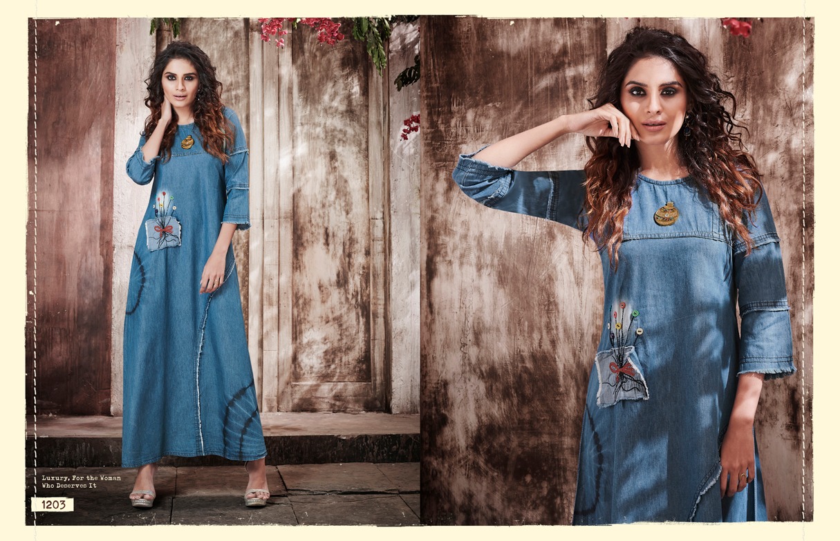 Stock Kyara By Kajree Fashion 1200 To 1209 Seires Beautiful Stylish Fancy Colorful Casual Wear & Ethnic Wear & Ready To Wear Denim Gown With Embroidery Gown At Wholesale Price