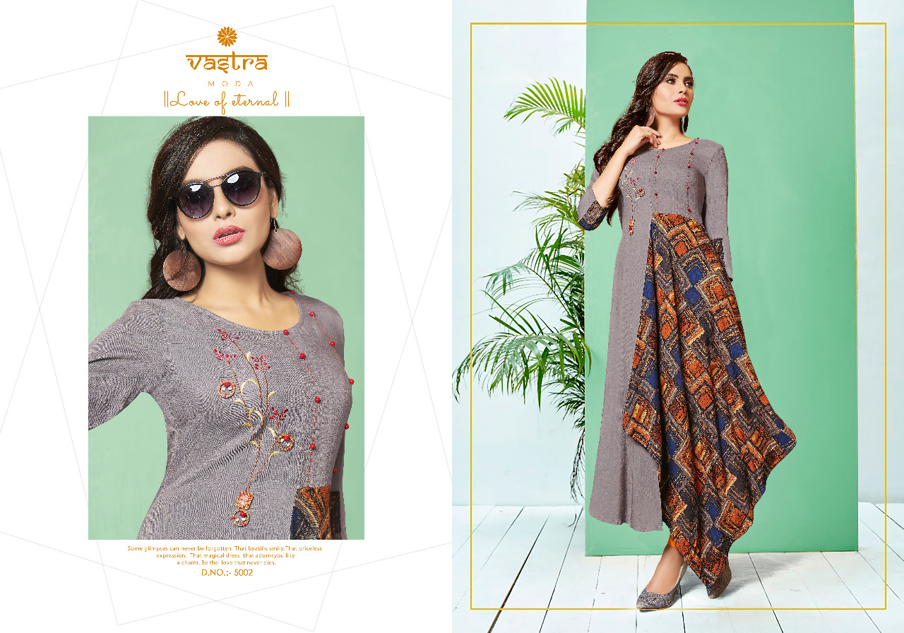 Kaayra Vol-1 By Vastra Moda 5001 To 5006 Series Beautiful Colorful Stylish Fancy Casual Wear & Ethnic Wear & Ready To Wear Premium Rayon Flex Printed Kurtis At Wholesale Price