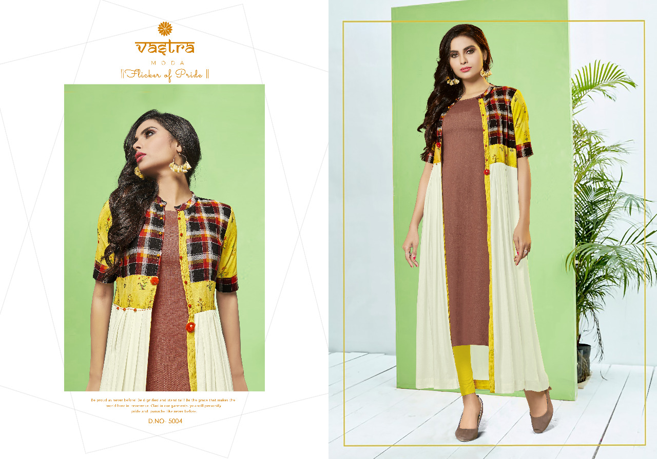 Kaayra Vol-1 By Vastra Moda 5001 To 5006 Series Beautiful Colorful Stylish Fancy Casual Wear & Ethnic Wear & Ready To Wear Premium Rayon Flex Printed Kurtis At Wholesale Price