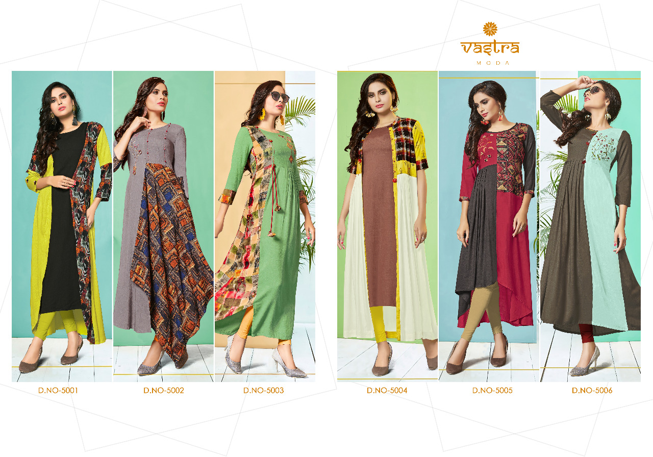 Kaayra Vol-1 By Vastra Moda 5001 To 5006 Series Beautiful Colorful Stylish Fancy Casual Wear & Ethnic Wear & Ready To Wear Premium Rayon Flex Printed Kurtis At Wholesale Price