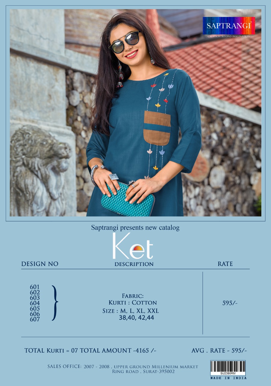 Ket By Saptrangi 601 To 607 Series Beautiful Stylish Fancy Colorful Casual Wear & Ethnic Wear & Ready To Wear Coton Kurtis At Wholesale Price