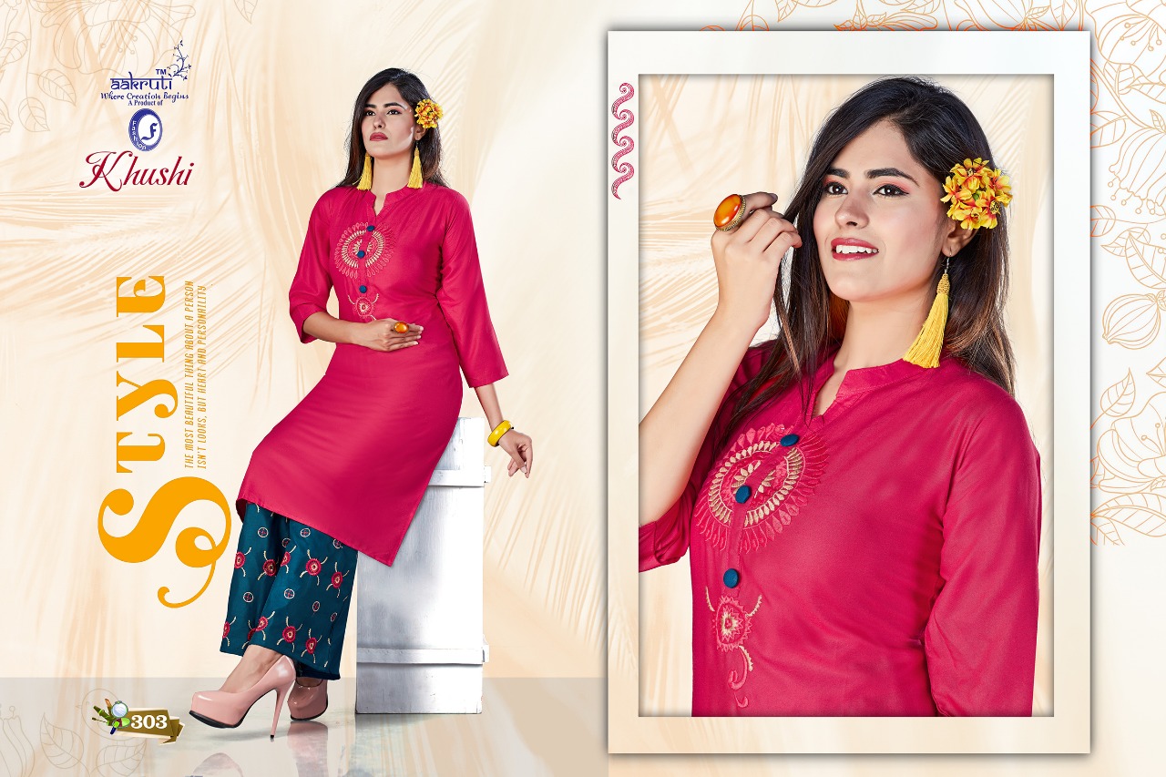 Khushi By Aakruti 301 To 310 Series Beautiful Stylish Colorful Fancy Party Wear & Ethnic Wear & Ready To Wear Rayon Kurtis With Bottom At Wholesale Price