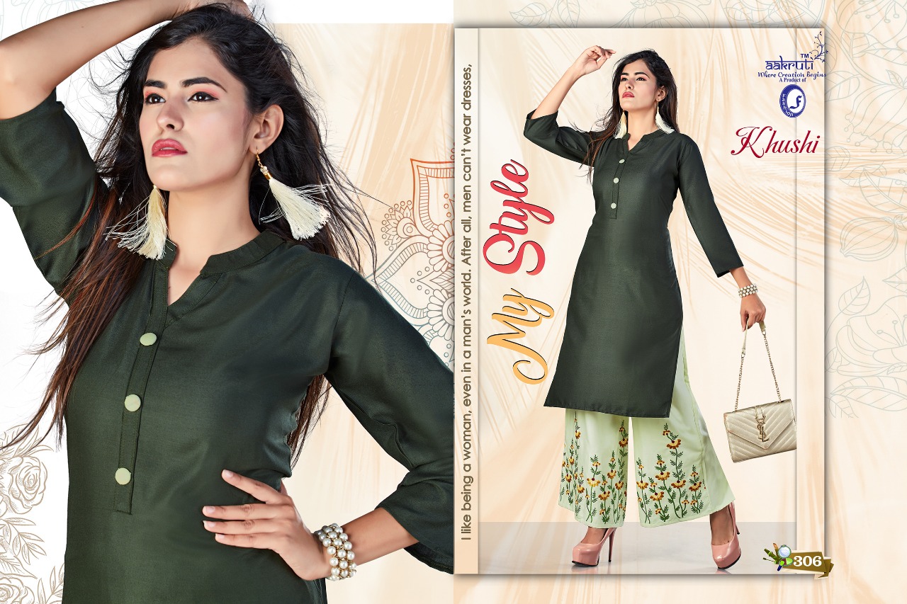 Khushi By Aakruti 301 To 310 Series Beautiful Stylish Colorful Fancy Party Wear & Ethnic Wear & Ready To Wear Rayon Kurtis With Bottom At Wholesale Price