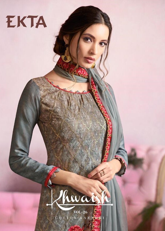 Khwaish Vol-26 By Ekta Fashion 2601 To 2607 Series Beautiful Winter Collection Suits Stylish Fancy Colorful Casual Wear & Ethnic Wear Cotton Satin Embroidered Dresses At Wholesale Price