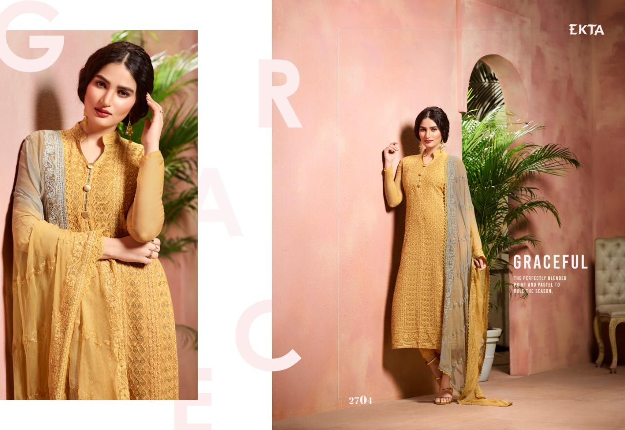 Khwaish Vol-27 By Ekta Fashion 2701 To 2708 Series Beautiful Winter Collection Suits Stylish Fancy Colorful Casual Wear & Ethnic Wear Pure Bemberg Chiffon Embroidered Dresses At Wholesale Price