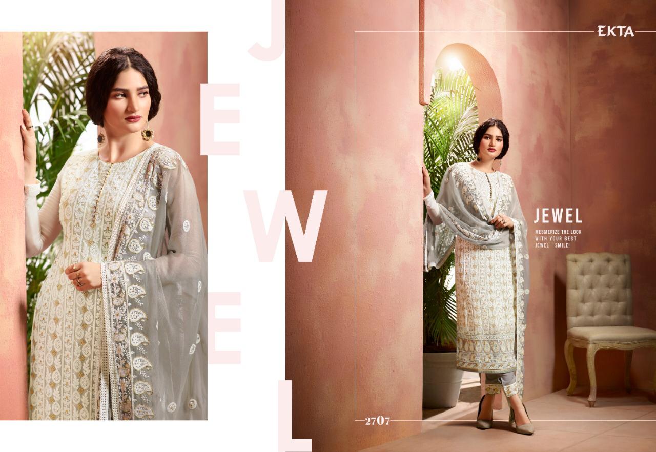 Khwaish Vol-27 By Ekta Fashion 2701 To 2708 Series Beautiful Winter Collection Suits Stylish Fancy Colorful Casual Wear & Ethnic Wear Pure Bemberg Chiffon Embroidered Dresses At Wholesale Price