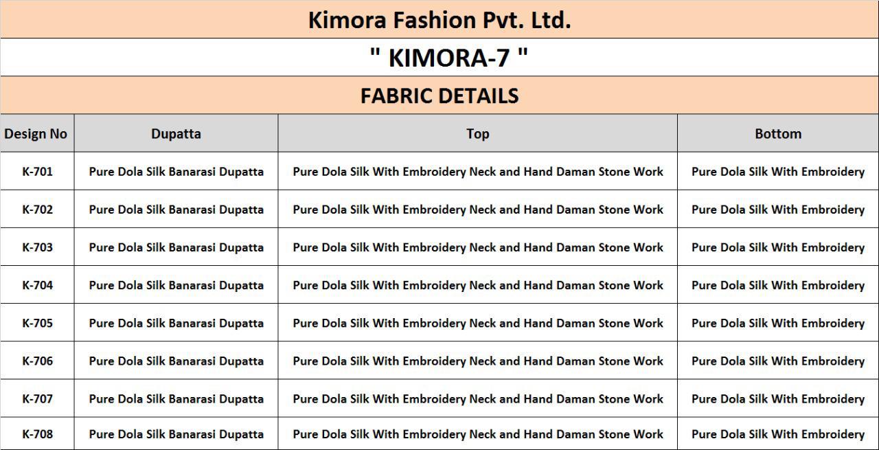 Kimora Vol-7 By Kimora 701 To 708 Series Indian Traditional Wear Collection Beautiful Stylish Fancy Colorful Party Wear & Occasional Wear Pure Dola Silk With Embroidery Dress At Wholesale Price