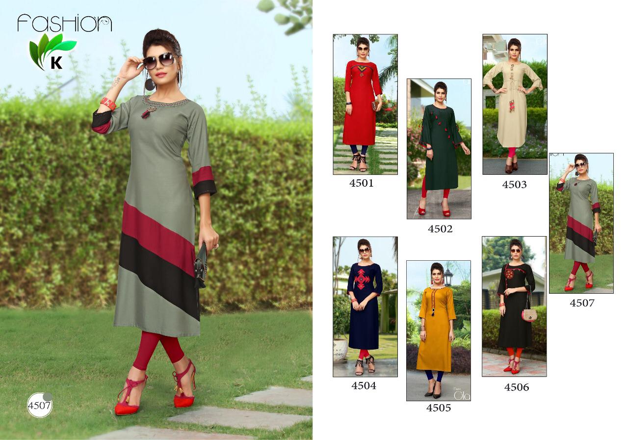 Kit Kat By Kalavrund 4501 To 4507 Series Stylish Fancy Beautiful Colorful Casual Wear & Ethnic Wear Rayon Embroidered Kurtis At Wholesale Price