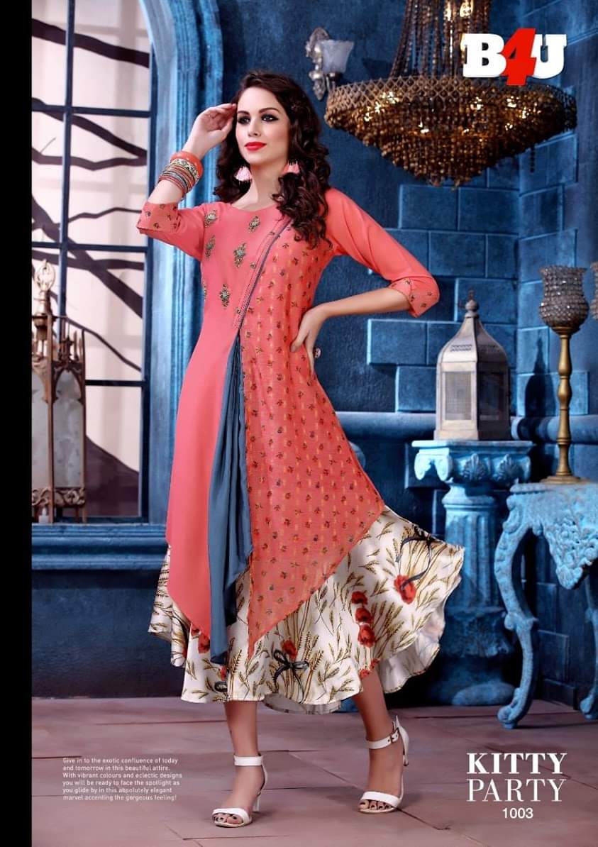 Kitty Party By B4u 1001 To 1007 Series Beautiful Colorful Stylish Fancy Casual Wear & Ethnic Wear & Ready To Wear Fancy Silk Cotton Printed Kurtis At Wholesale Price