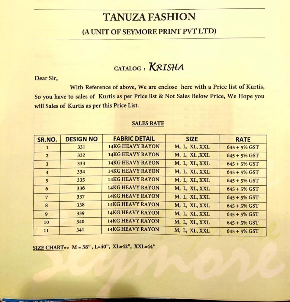 Krisha By Tanuza Fashion 331 To 341 Series Beautiful Colorful Stylish Fancy Casual Wear & Ethnic Wear & Ready To Wear Heavy Rayon Printed Kurtis At Wholesale Price