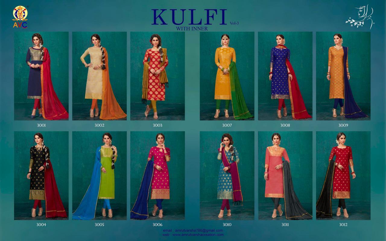 Kulfi Vol-3 By Amrut Varsha Creation 3001 To 3012 Series Beautiful Suits Collection Colorful Stylish Fancy Party Wear & Occasional Wear Banarasi Silk Dresses At Wholesale Price