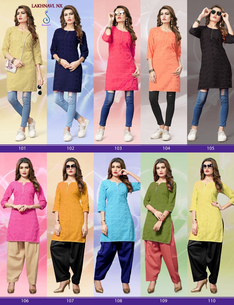 Lakhnavi Nx By Suvesh 101 To 110 Series Beautiful Stylish Colorful Fancy Party Wear & Ethnic Wear & Ready To Wear Rich Cotton Chikan Work Kurtis At Wholesale Price