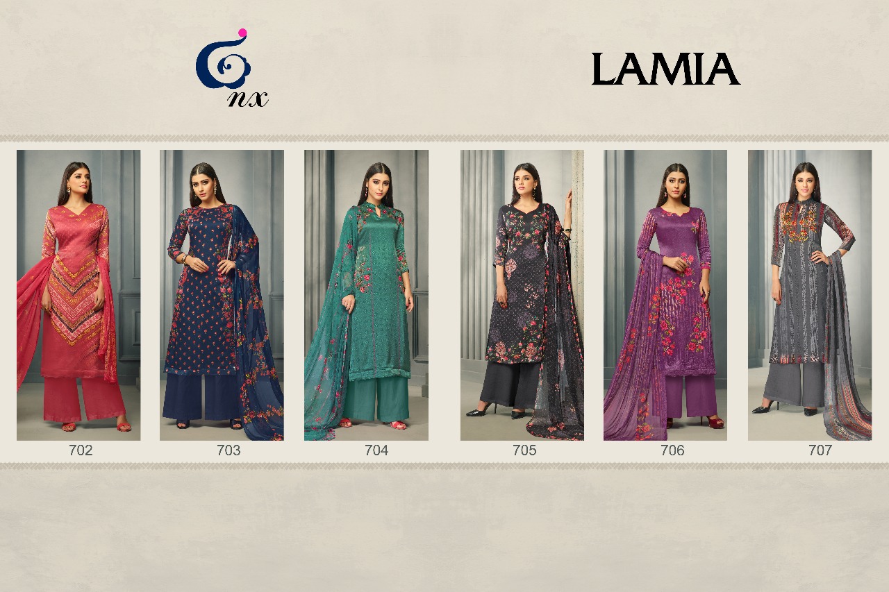 Lamia By Gloisima Nx 702 To 707 Series Beautiful Stylish Fancy Colorful Casual Wear & Ethnic Wear Collection Jam Satin Embroidered Dresses At Wholesale Price