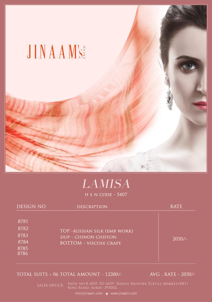 Lamisa By Jinaam Dresses 8781 To 8786 Series Beautiful Suits Stylish Fancy Colorful Party Wear & Ethnic Wear Russian Silk With Embroidered Dresses At Wholesale Price