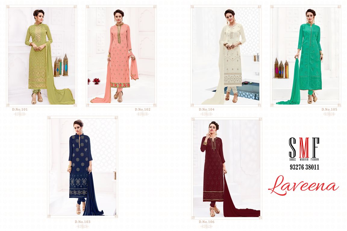 Laveena By Shri Mahavir Fashion 101 To 106 Series Designer Beautiful Stylish Fancy Colorful Party Wear & Occasional Wear Faux Georgette Embroidered Dresses At Wholesale Price