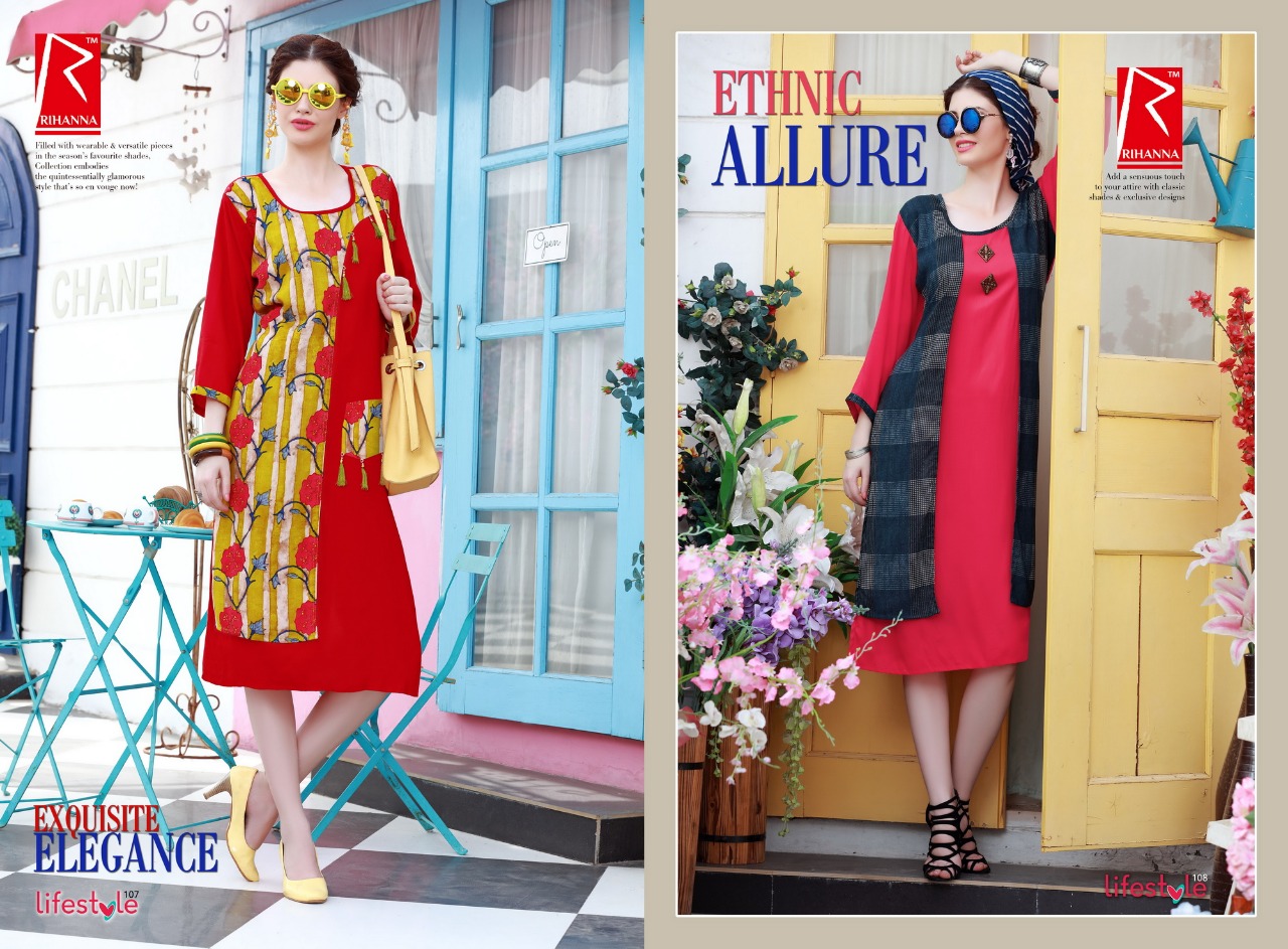 Lifestyle By Rihanna 101 To 110 Series Beautiful Stylish Fancy Colorful Casual Wear & Ready To Wear & Ethnic Wear Heavy Rayon Printed Kurtis At Wholesale Price