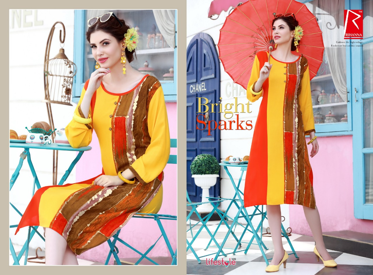 Lifestyle By Rihanna 101 To 110 Series Beautiful Stylish Fancy Colorful Casual Wear & Ready To Wear & Ethnic Wear Heavy Rayon Printed Kurtis At Wholesale Price