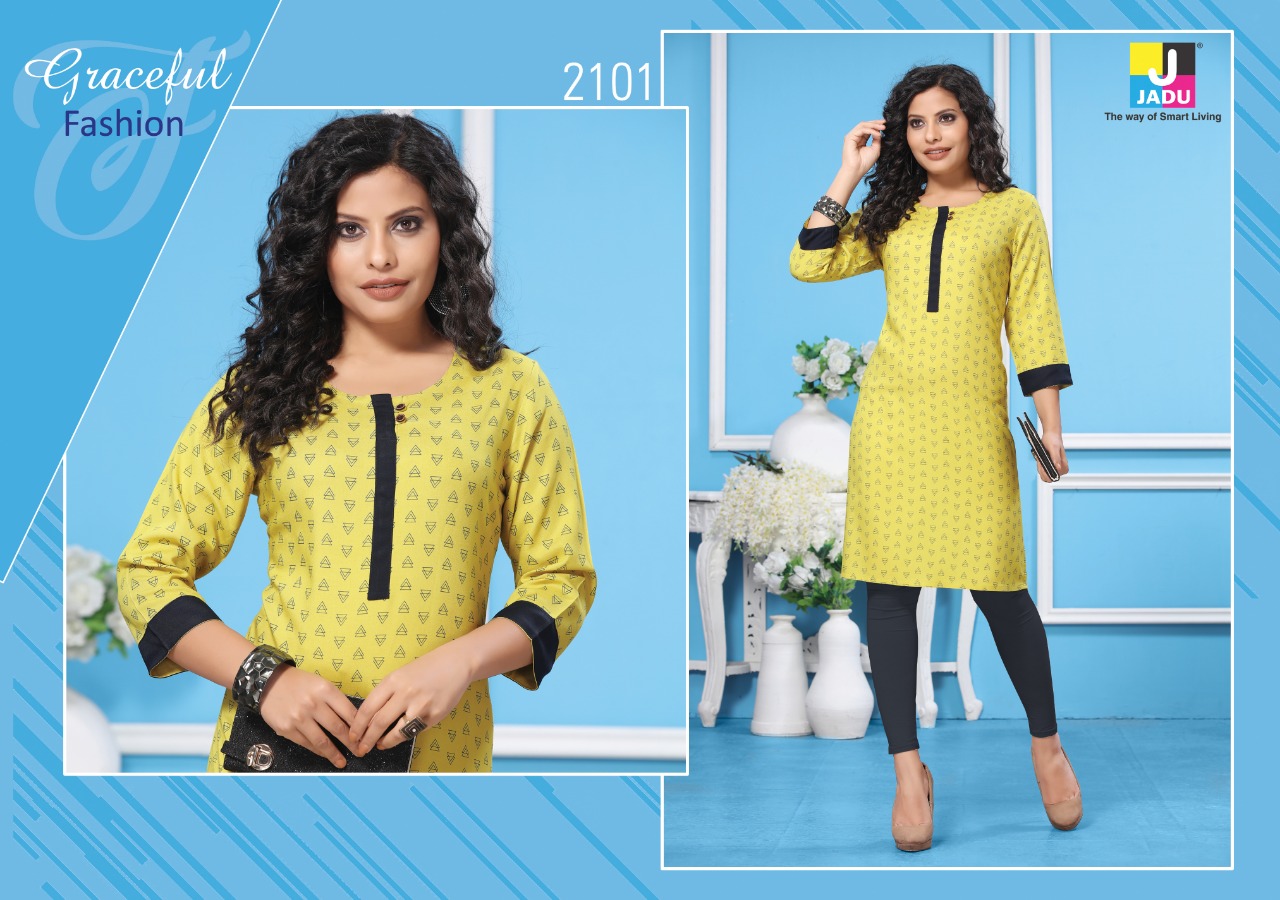 Lily By Jadu 2101 To 2108 Series Beautiful Colorful Stylish Fancy Casual Wear & Ethnic Wear & Ready To Wear Heavy Rayon Kurtis At Wholesale Price