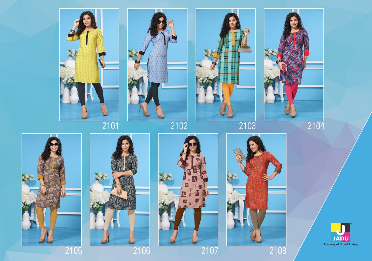 Lily By Jadu 2101 To 2108 Series Beautiful Colorful Stylish Fancy Casual Wear & Ethnic Wear & Ready To Wear Heavy Rayon Kurtis At Wholesale Price