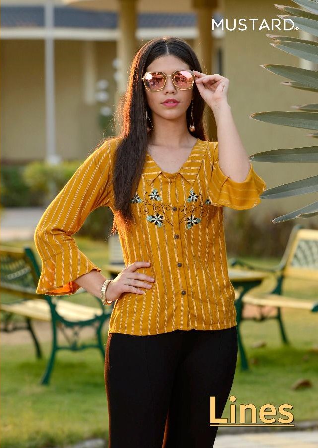 Lines By Mustard 01 To 05 Series Beautiful Colorful Stylish Fancy Casual Wear & Ethnic Wear & Ready To Wear Rayon Discharge Printed Kurtis At Wholesale Price