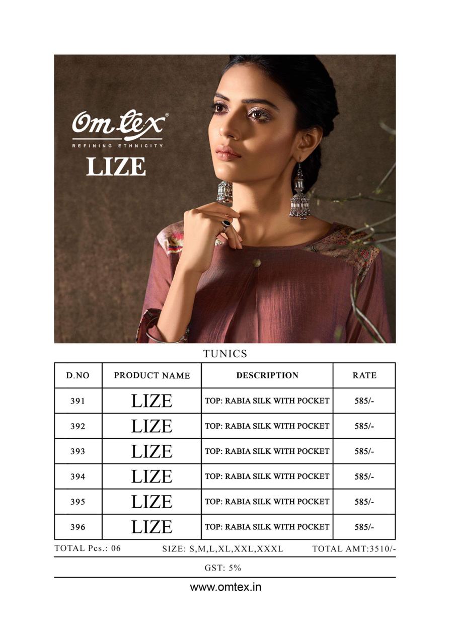 Lize By Om Tex 391 To 396 Series Beautiful Stylish Colorful Fancy Party Wear & Ethnic Wear & Ready To Wear Rabia Silk Kurtis At Wholesale Price