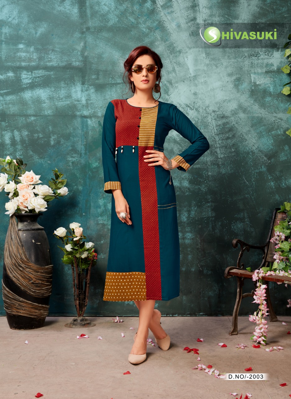 Looks By Hivasuki 2001 To 2008 Series Stylish Beautiful Fancy Colorful Casual Wear & Ethnic Wear Rayon & Ajrakh Printed Kurtis At Wholesale Price