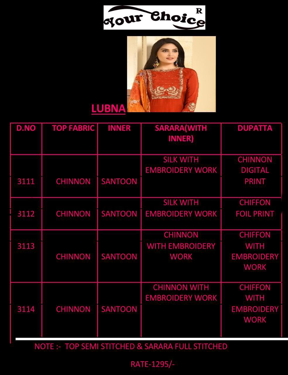 Lubna By Your Choice 3111 To 3114 Series Designer Suits Collection Beautiful Stylish Fancy Colorful Party Wear & Occasional Wear Chiffon Embroidered Dresses At Wholesale Price