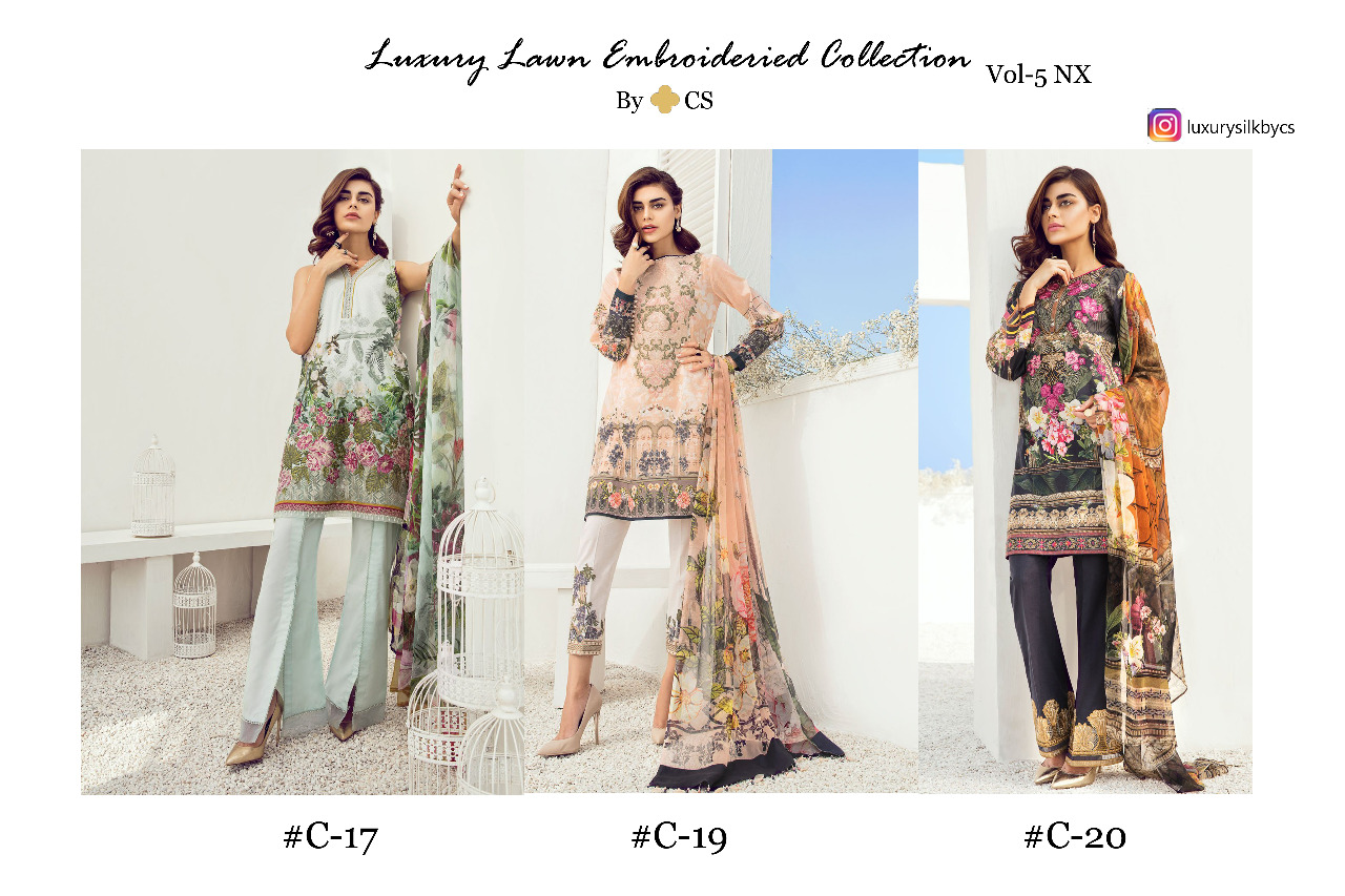 Luxury Lawn Embroidered Collection Vol-5 Nx By Cs Designer Pakistani Suits Colorful Stylish Fancy Beautiful Collection Casual Wear & Ethnic Wear Lawn Embroidered Dresses At Wholesale Price