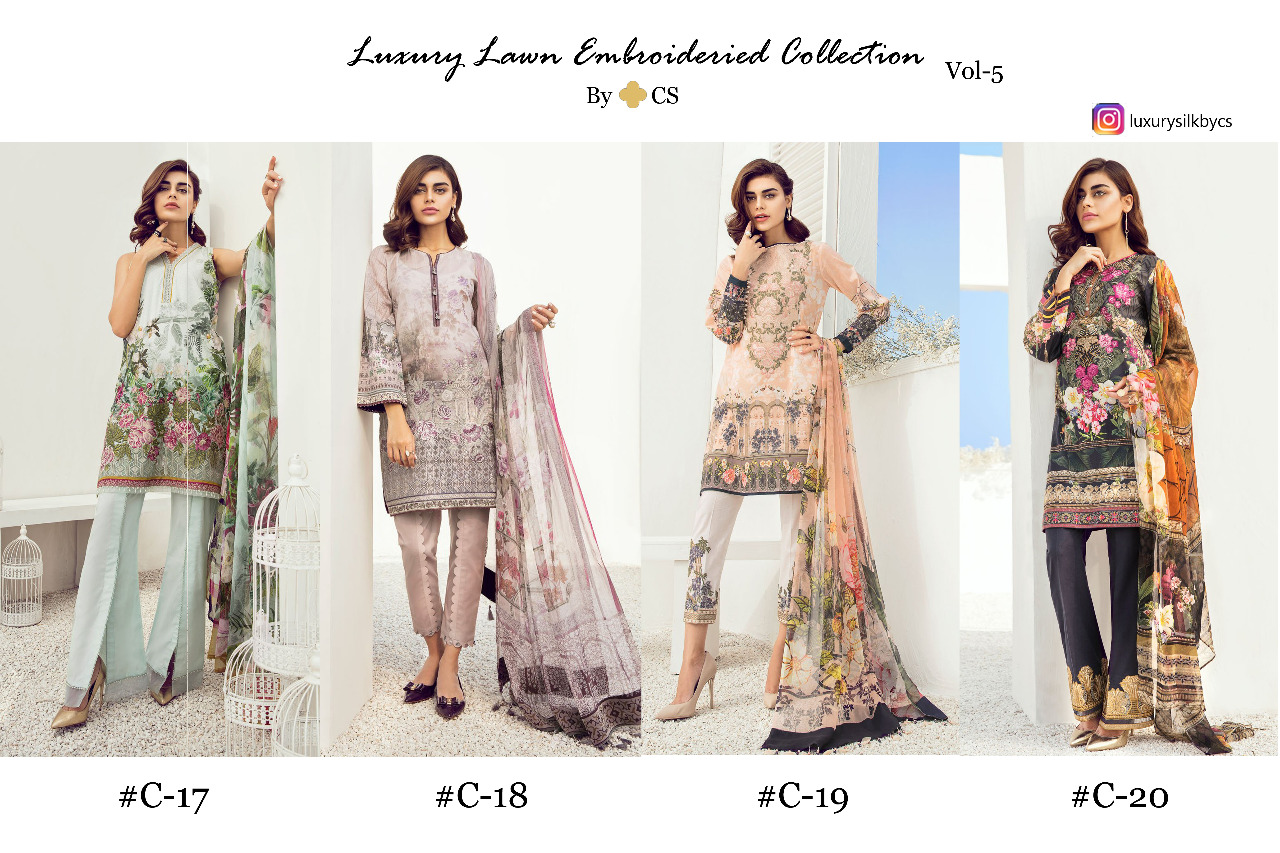 Luxury Lawn Embroidered Collection Vol-5 By Cs 17 To 20 Series Designer Pakistani Suits Colorful Stylish Fancy Beautiful Collection Casual Wear & Ethnic Wear Lawn Embroidered Dresses At Wholesale Price