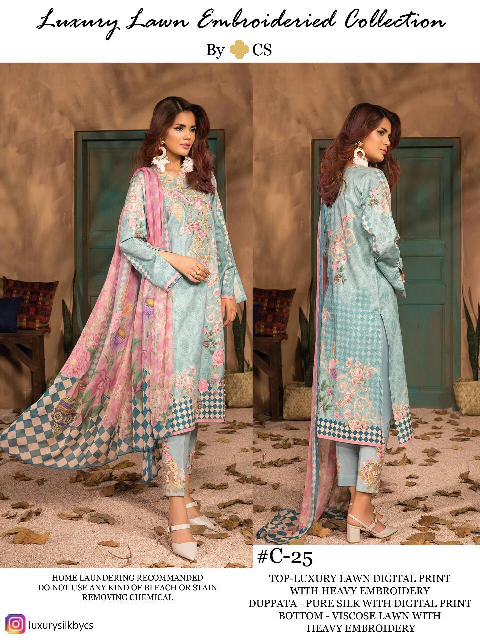 Luxury Lawn Embroidered Collection Vol-7 By Cs 25 To 26 Series Designer Pakistani Suits Colorful Stylish Fancy Beautiful Collection Casual Wear & Ethnic Wear Luxury Lawn Embroidered Dresses At Wholesale Price