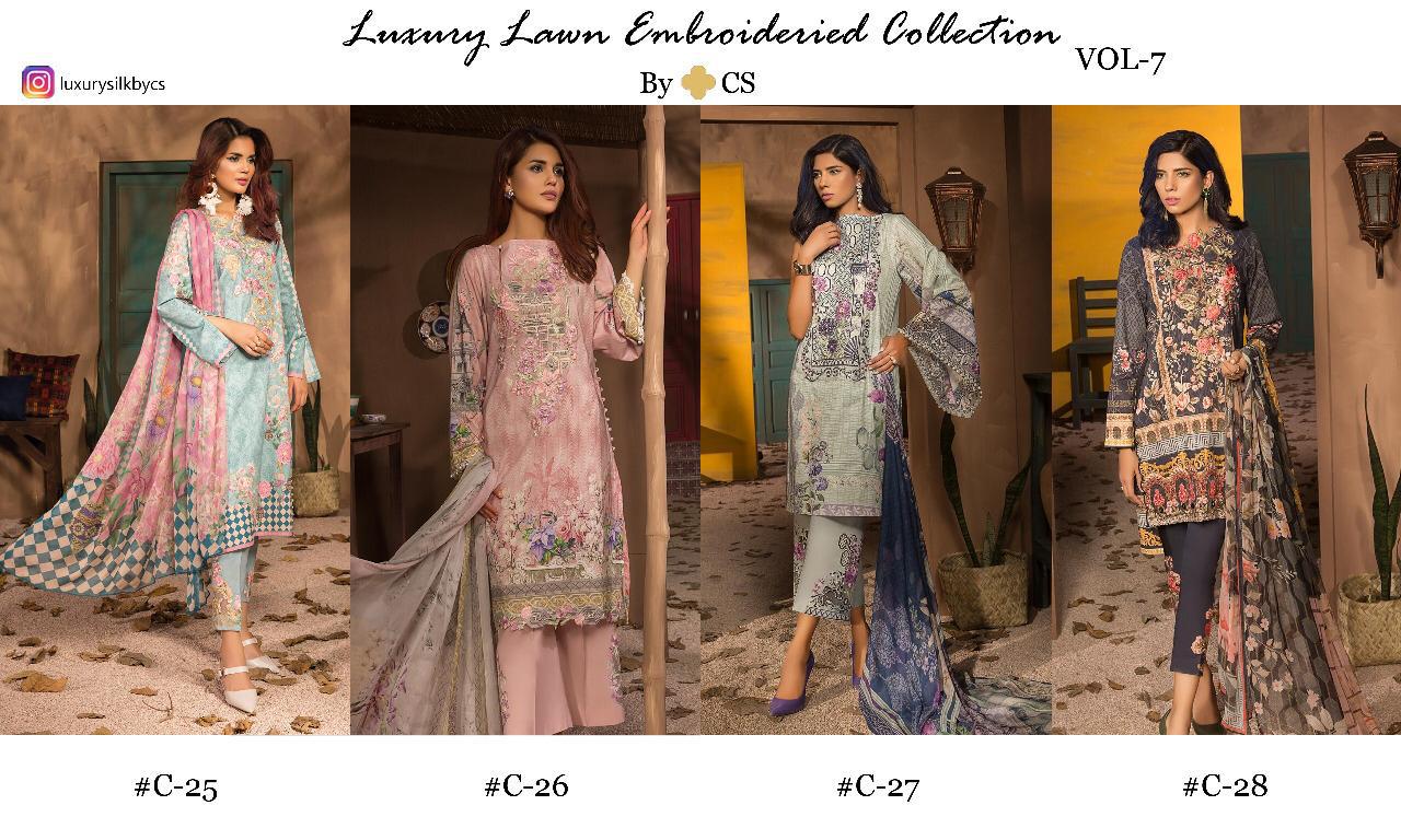 Luxury Lawn Embroidered Collection Vol-7 By Cs 25 To 28 Series Designer Pakistani Suits Colorful Stylish Fancy Beautiful Collection Casual Wear & Ethnic Wear Lawn Digital Print With Embroidery Dresses At Wholesale Price