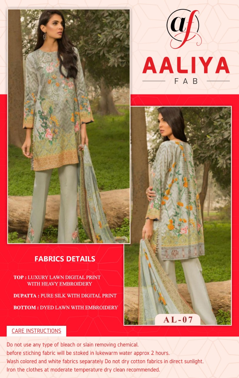 Luxury Lawn Embroidery Collection By Aaliya Fab 07 To 10 Series Pakistani Stylish Beautiful Colourful Printed & Embroidered Party Wear & Occasional Wear Luxury Lawn Digital Print With Heavy Embroidery Dresses At Wholesale Price