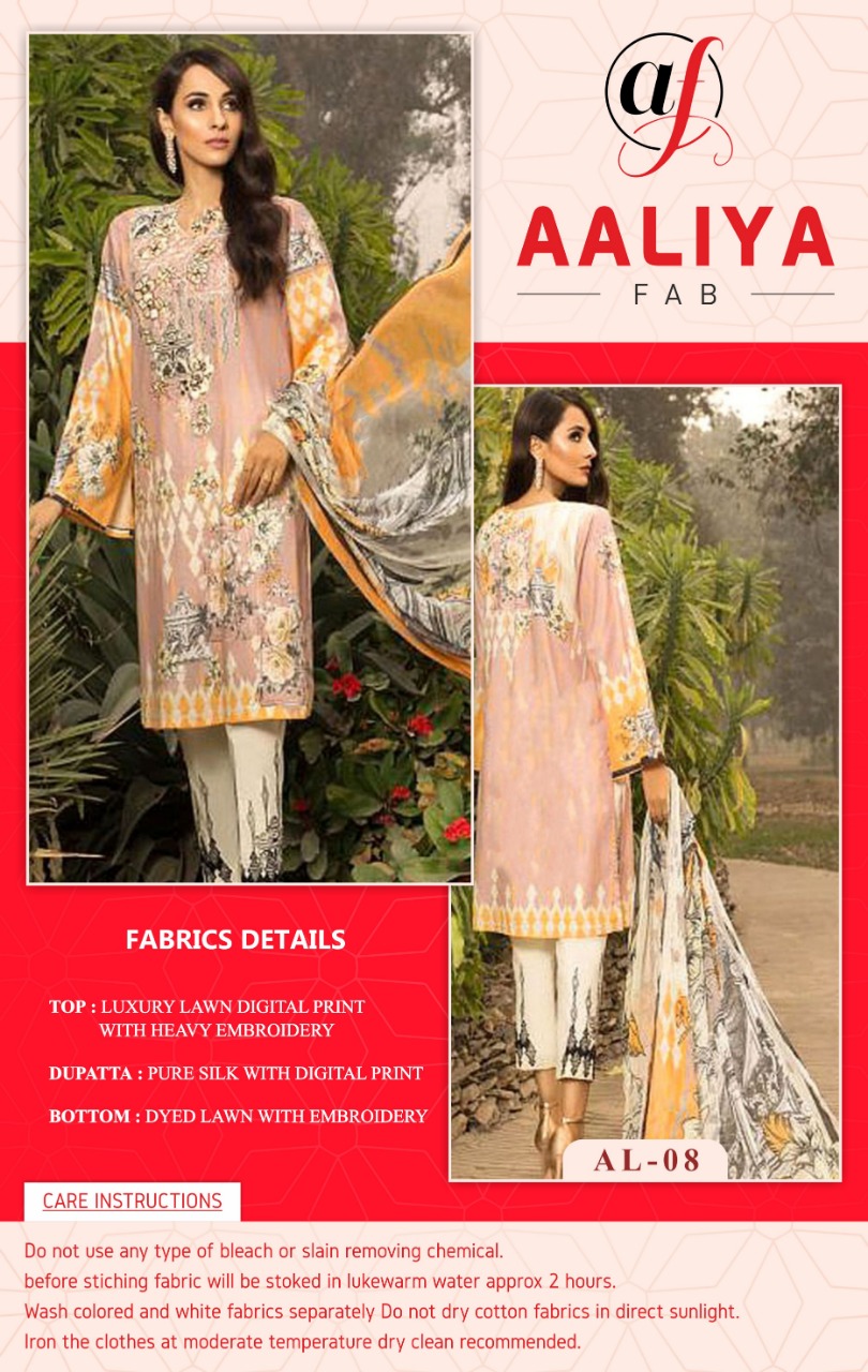Luxury Lawn Embroidery Collection By Aaliya Fab 07 To 10 Series Pakistani Stylish Beautiful Colourful Printed & Embroidered Party Wear & Occasional Wear Luxury Lawn Digital Print With Heavy Embroidery Dresses At Wholesale Price