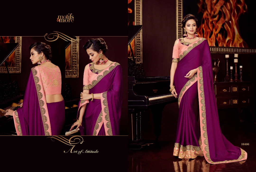 M & M Vol-4 By Motifs & More 10401 To 10419 Series Indian Traditional Wear Collection Beautiful Stylish Fancy Colorful Party Wear & Occasional Wear Georgette Satin Embroidered Sarees At Wholesale Price