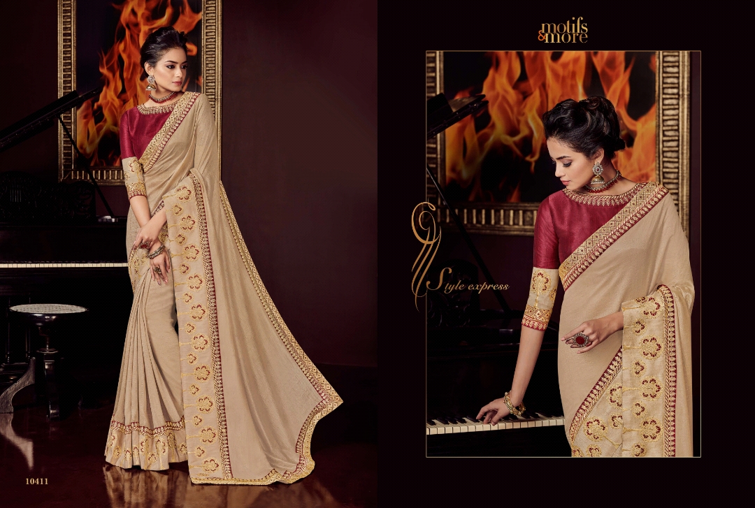 M & M Vol-4 By Motifs & More 10401 To 10419 Series Indian Traditional Wear Collection Beautiful Stylish Fancy Colorful Party Wear & Occasional Wear Georgette Satin Embroidered Sarees At Wholesale Price