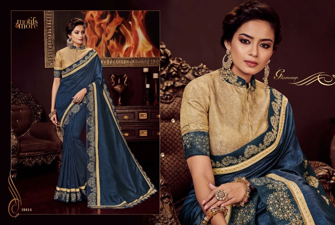 M & M Vol-4 By Motifs & More 10401 To 10419 Series Indian Traditional Wear Collection Beautiful Stylish Fancy Colorful Party Wear & Occasional Wear Georgette Satin Embroidered Sarees At Wholesale Price