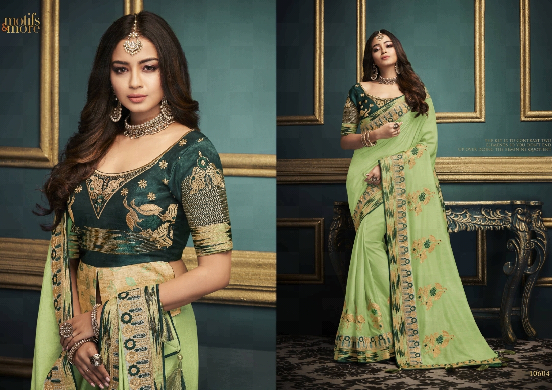 M & M Vol-6 By Motifs & More 10601 To 10615 Series Indian Traditional Wear Collection Beautiful Stylish Fancy Colorful Party Wear & Occasional Wear Fancy Embroidered Sarees At Wholesale Price