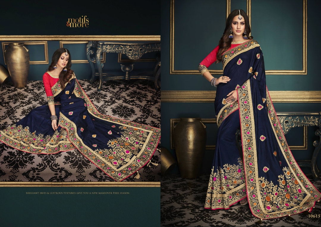 M & M Vol-6 By Motifs & More 10601 To 10615 Series Indian Traditional Wear Collection Beautiful Stylish Fancy Colorful Party Wear & Occasional Wear Fancy Embroidered Sarees At Wholesale Price