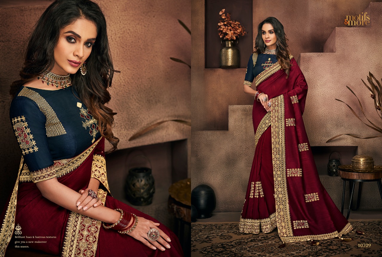 M & M Vol-7 By Motifs & More 10701 To 10715 Series Indian Traditional Wear Collection Beautiful Stylish Fancy Colorful Party Wear & Occasional Wear Fancy Embroidered Sarees At Wholesale Price