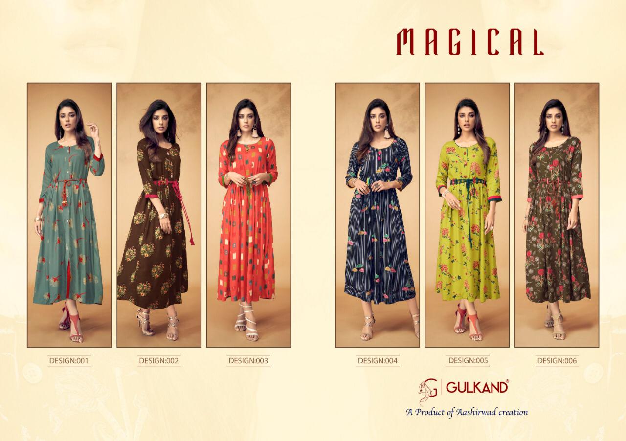 Magical By Gulkand 001 To 006 Series Stylish Fancy Beautiful Colorful Casual Wear & Ethnic Wear Rayon Printed Kurtis With Belt At Wholesale Price