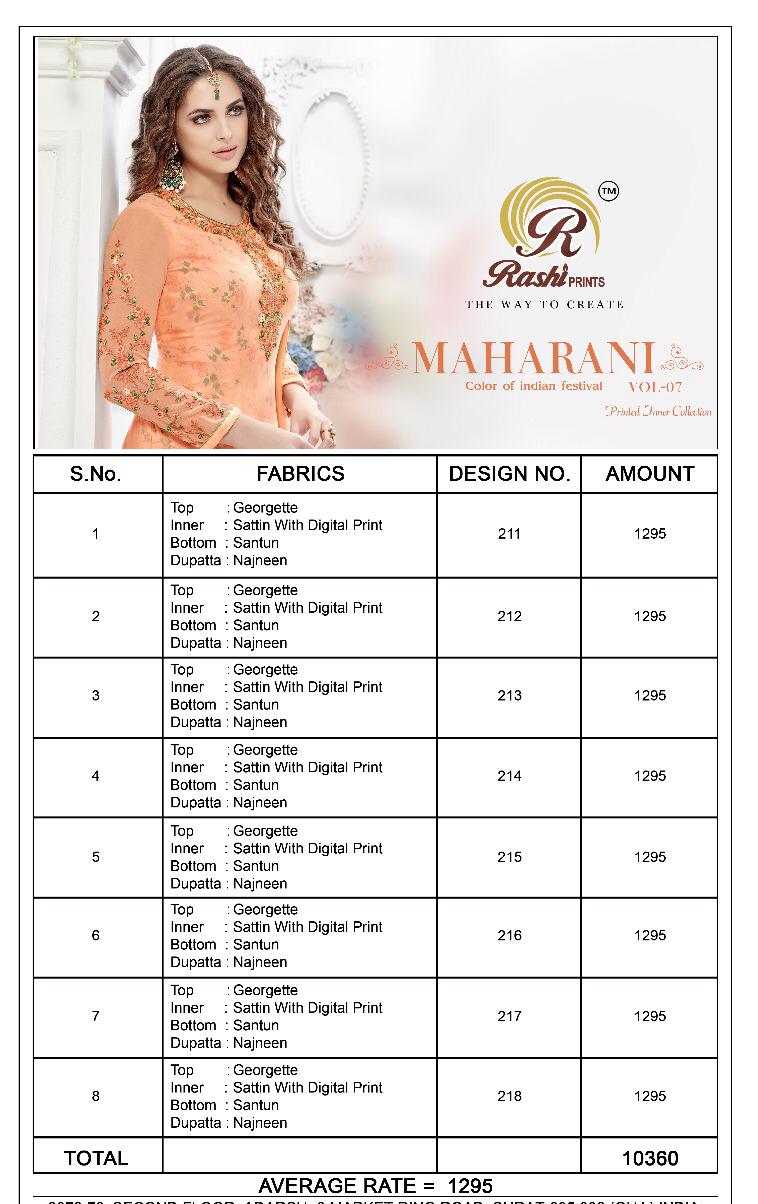 Maharani Vol-7 By Rashi Prints 221 To 228 Series Designer Suits Collection Beautiful Stylish Fancy Colorful Party Wear & Occasional Wear Georgette Embroidered Dresses At Wholesale Price