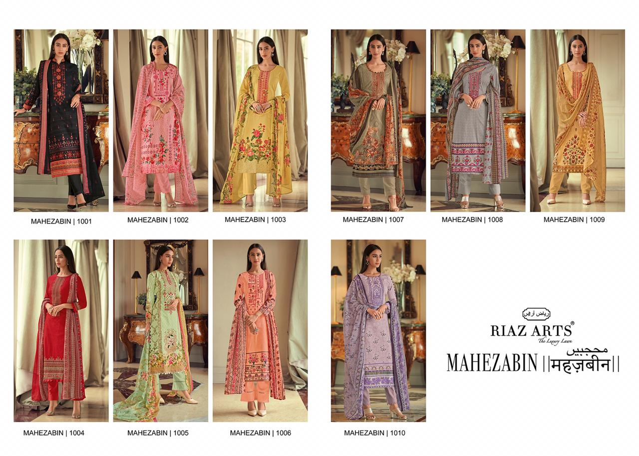 Mahezabin By Riaz Arts 1001 To 1010 Series Designer Suits Collection Beautiful Stylish Fancy Colorful Party Wear & Occasional Wear Pure Lawn Print With Embroidery Work Dresses At Wholesale Price
