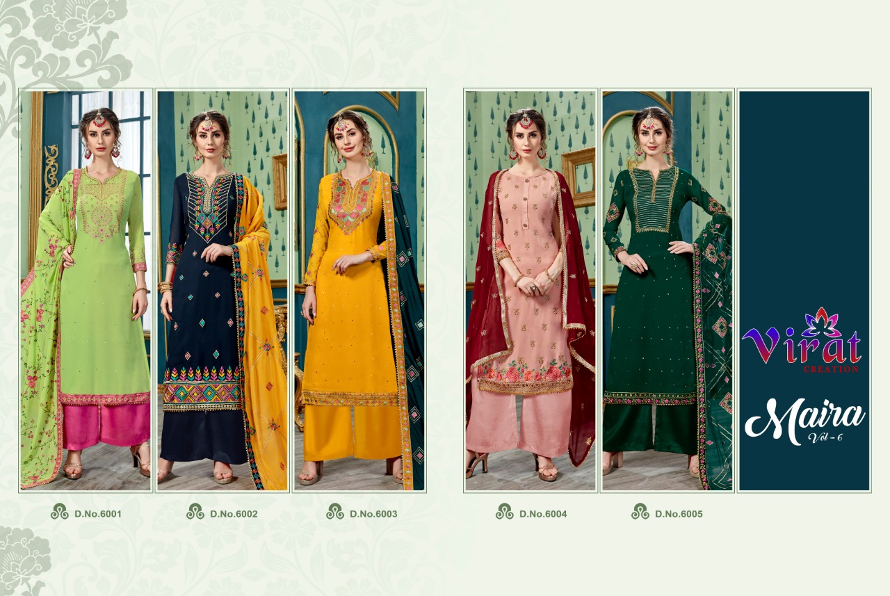 Maira Vol-6 By Virat Creation 6001 To 6005 Series Designer Anarkali Collection Beautiful Stylish Fancy Colorful Party Wear & Occasional Wear Faux Georgette Embroidered Dresses At Wholesale Price