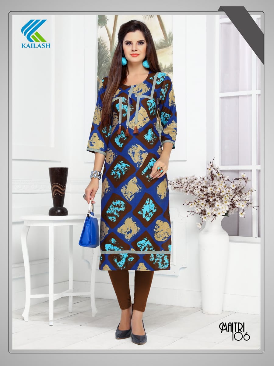 Maitri By Kailash 101 To 106 Series Beautiful Colorful Stylish Fancy Casual Wear & Ethnic Wear & Ready To Wear Rayon Printed Kurtis At Wholesale Price