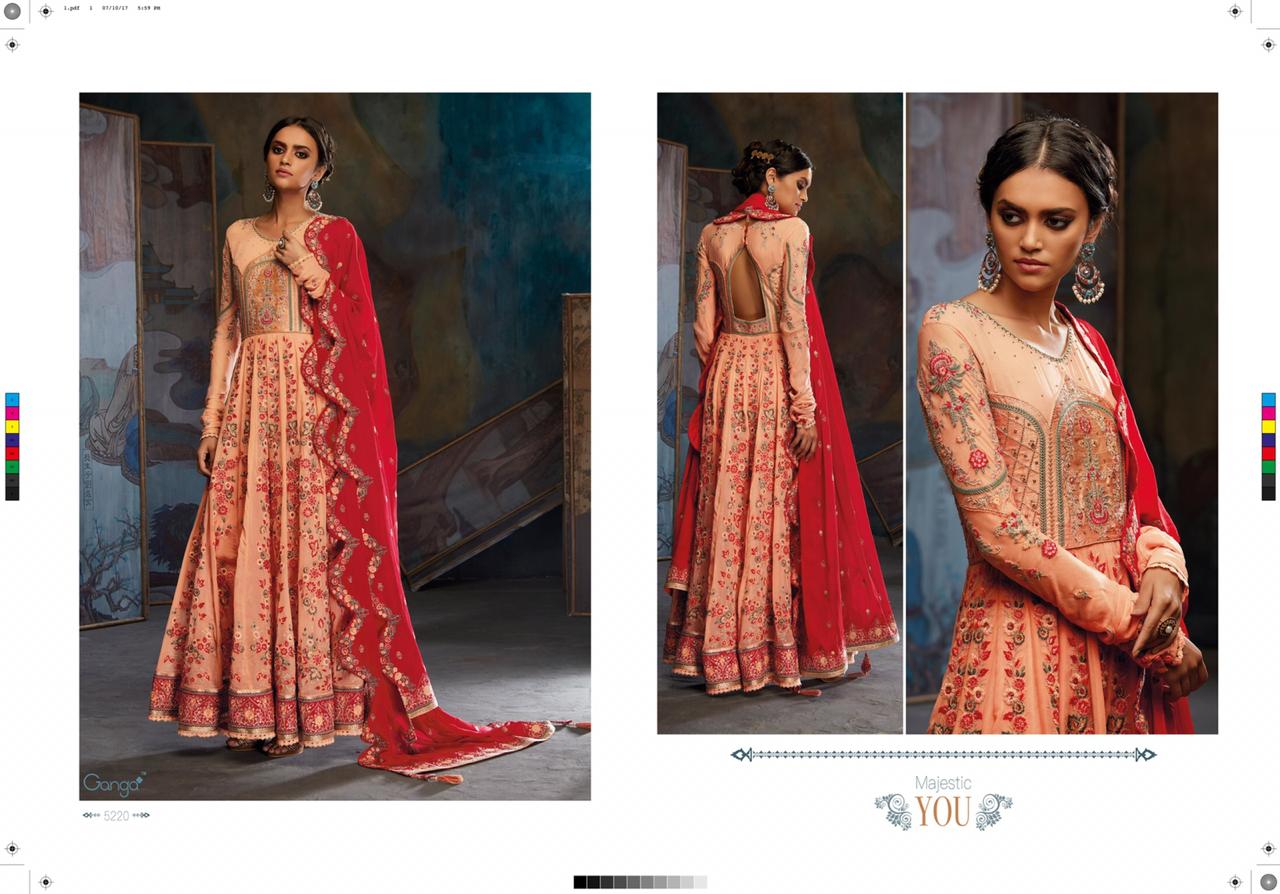 Majestic You By Ganga Fashion 5220 To 5224 Series Designer Anarkali Suits Collection Beautiful Stylish Fancy Colorful Party Wear & Occasional Wear Pure Bemberg Georgette Embroidered Dresses At Wholesale Price